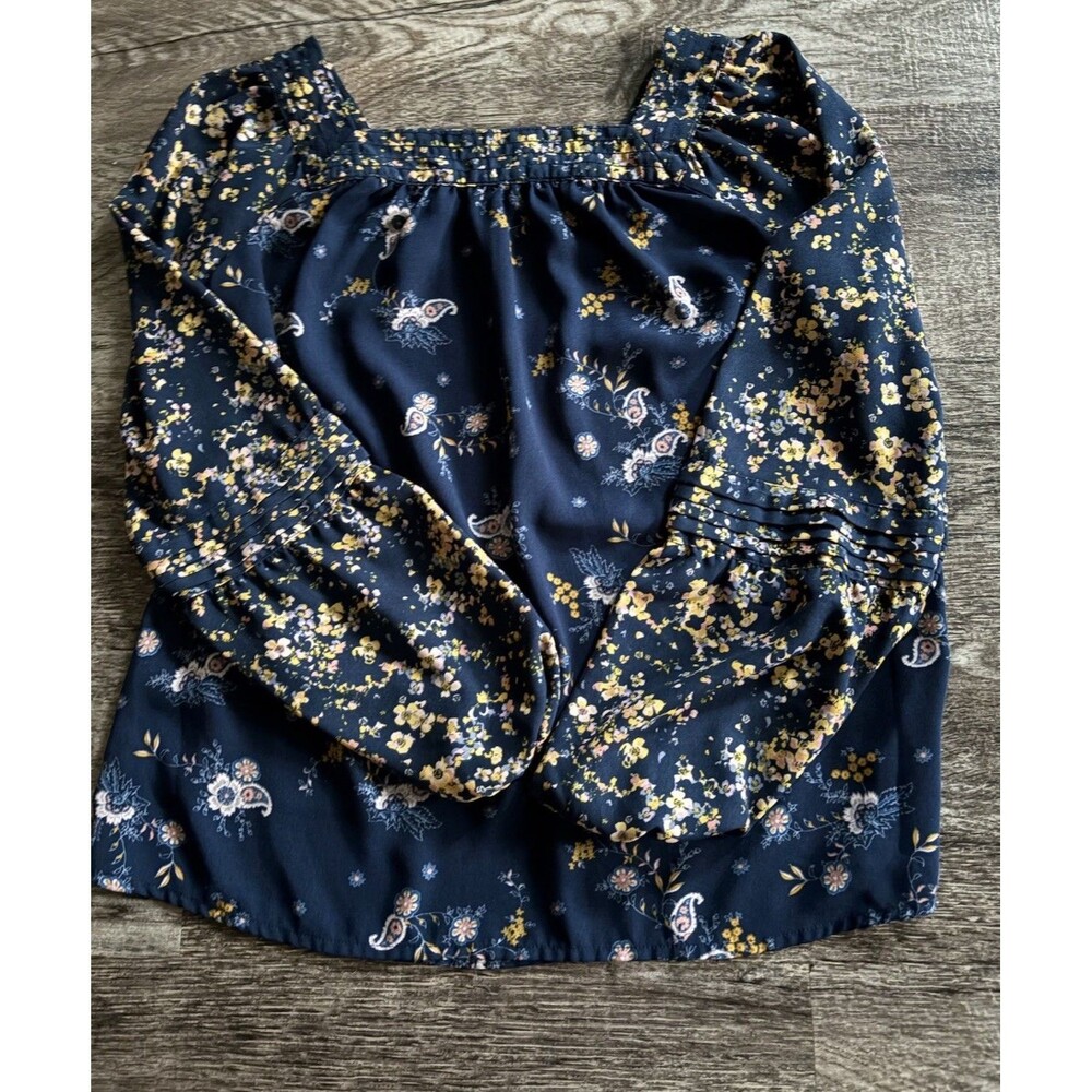 Lauren Conrad Navy Floral Paisley Peasant Boho Top Long Sleeve Cottagecore XS